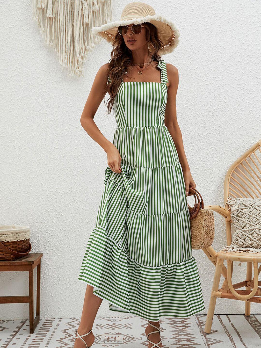 bostreet green striped shoulder straps tiered maxi dress