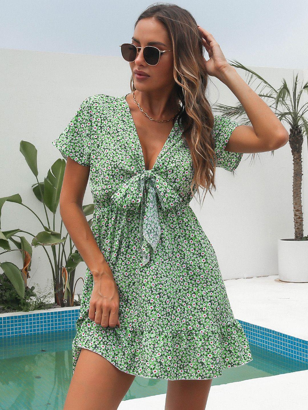 bostreet green tropical a-line dress