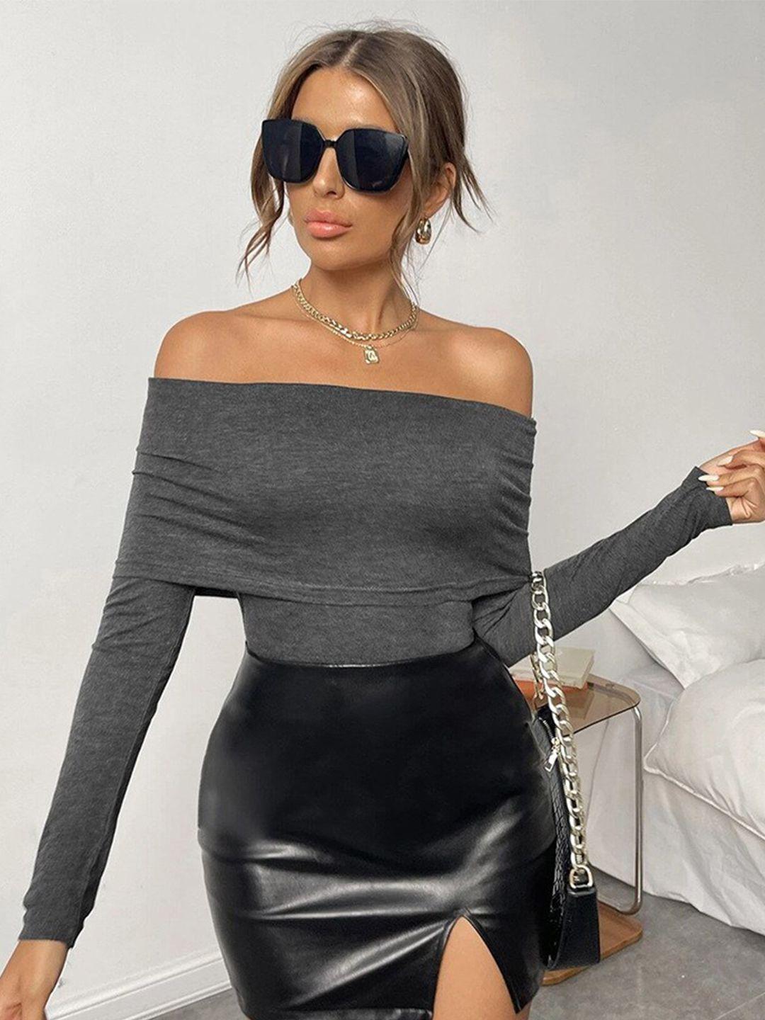 bostreet grey off-shoulder long sleeves bardot top