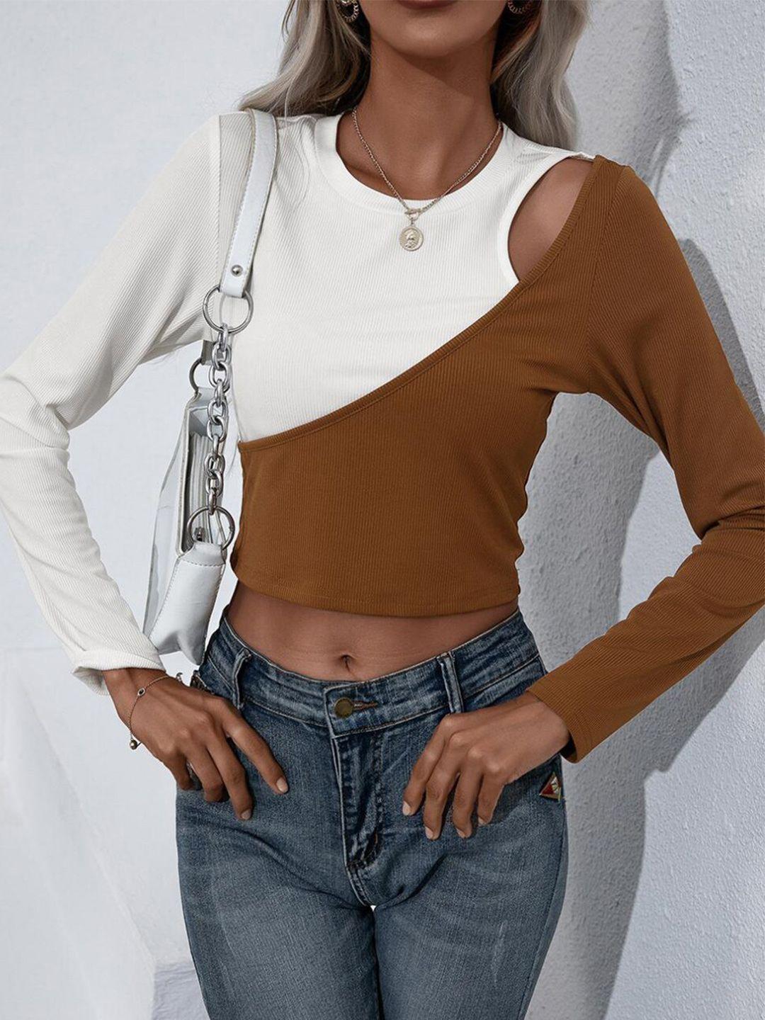 bostreet khaki colourblocked crop top