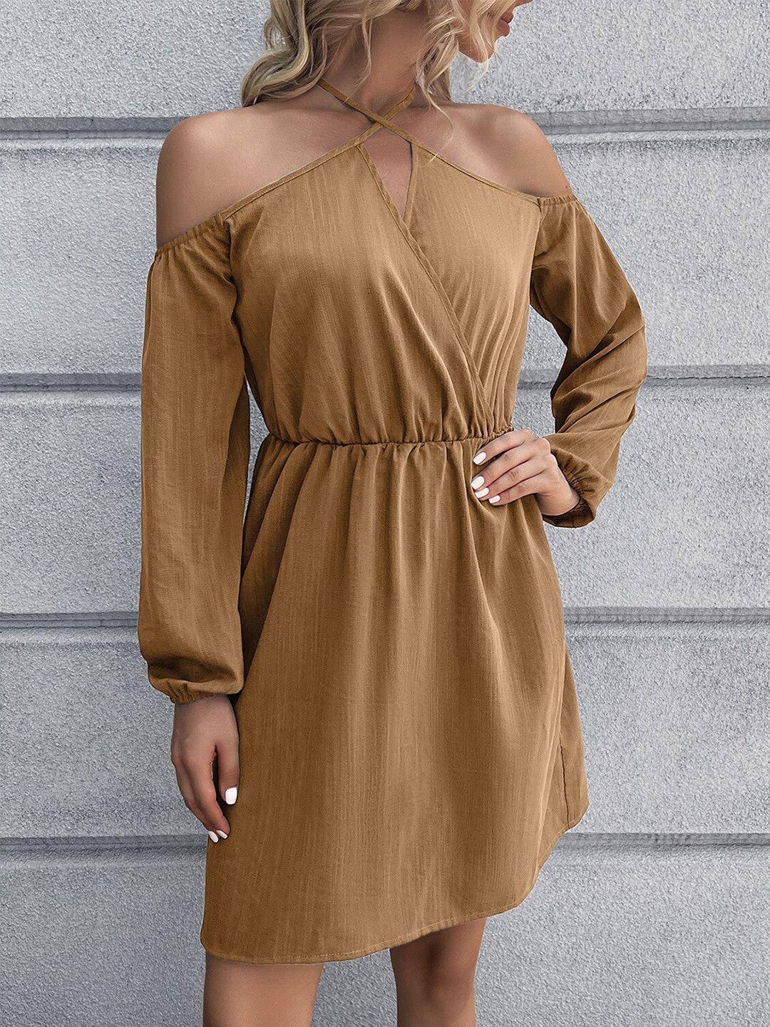 bostreet khaki gathered tie-up neck cold-shoulder warp dress