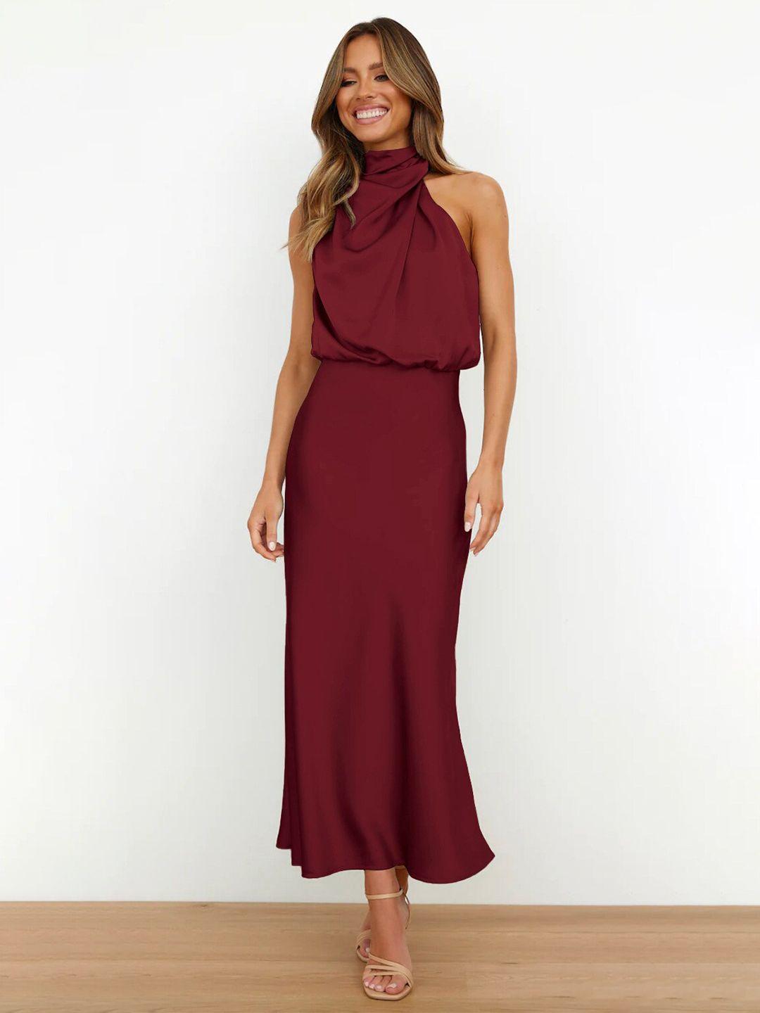 bostreet maroon colour halter neck blouson dress