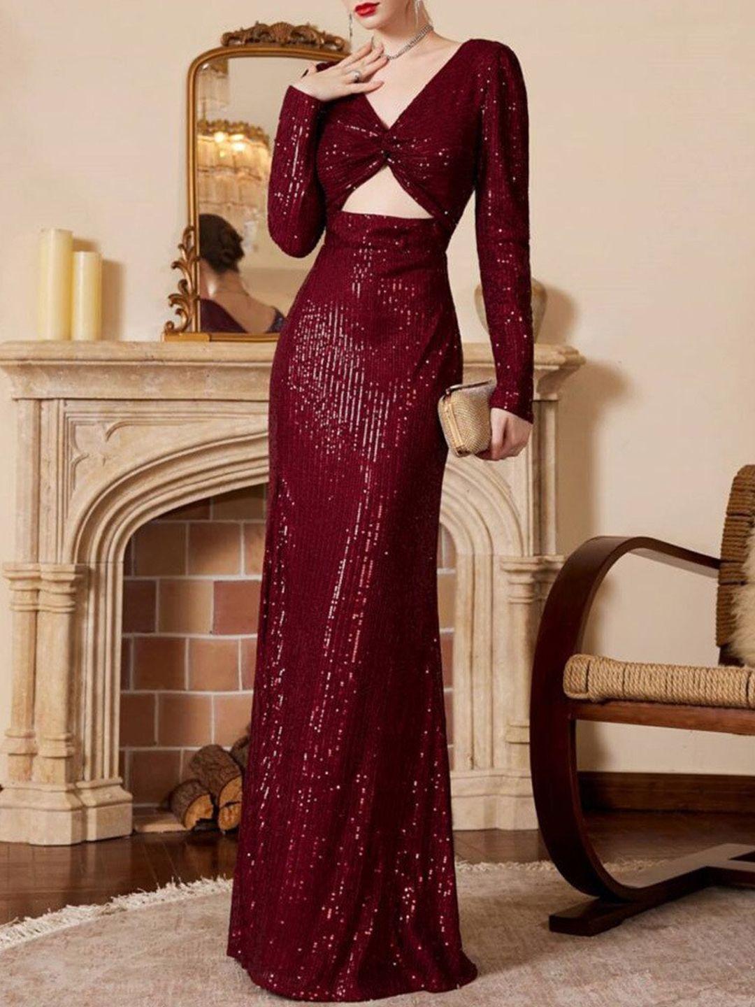 bostreet maroon embellished v-neck cut-out detailed maxi dress