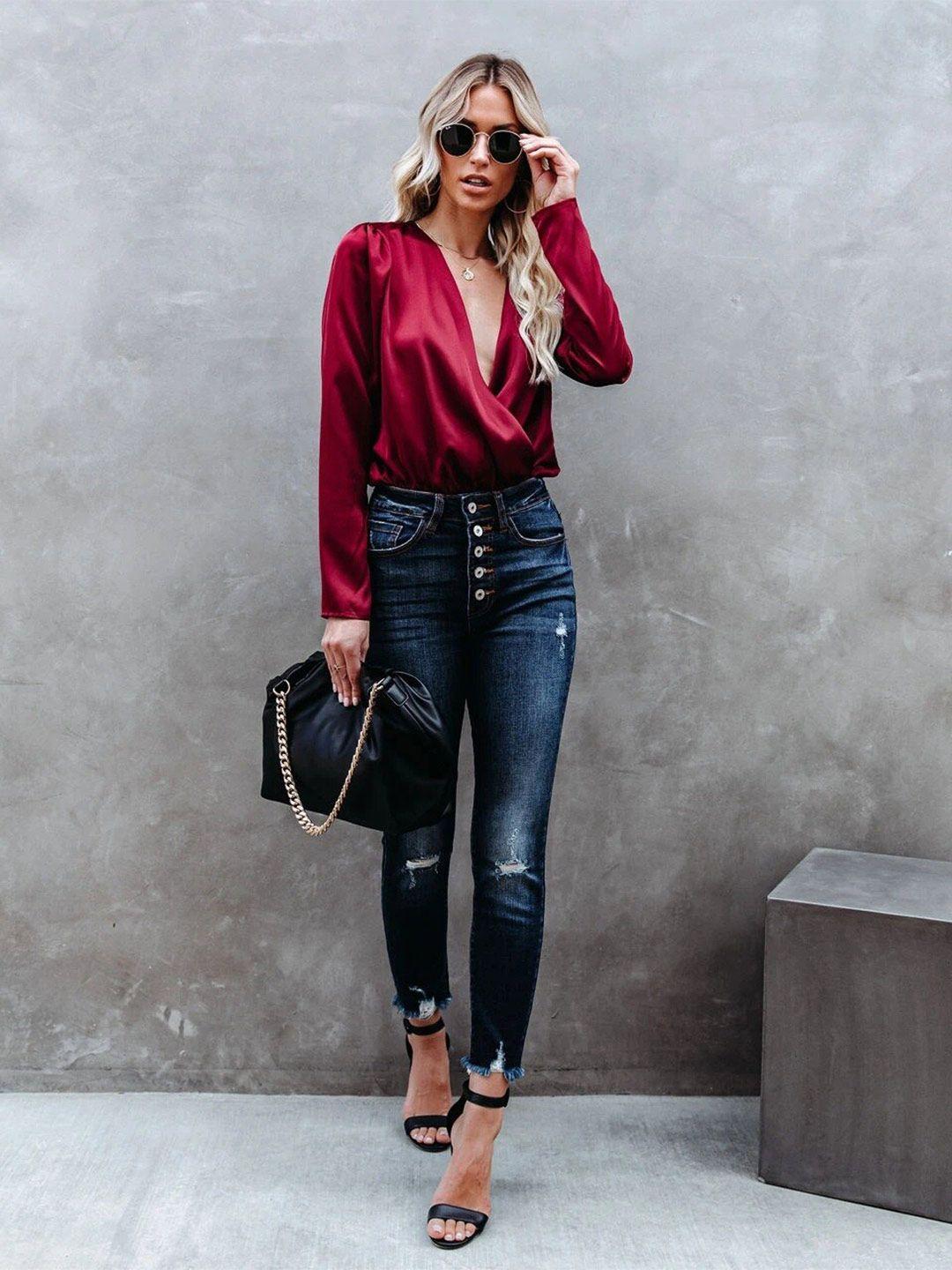 bostreet maroon puff sleeves v-neck wrap top