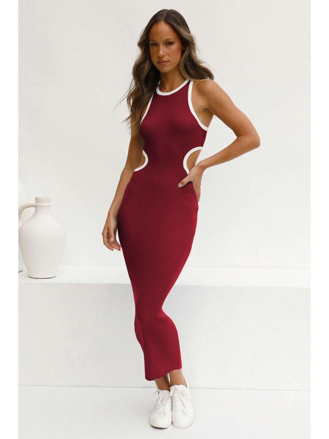 bostreet maroon solid halter neck cut out bodycon maxi dress