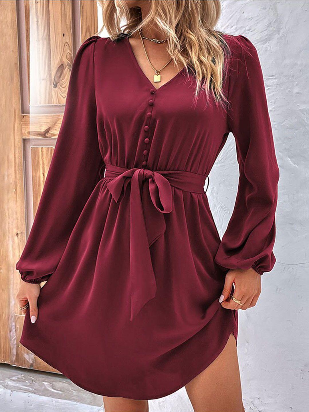 bostreet maroon v-neck puff sleeves casual fit & flare dress