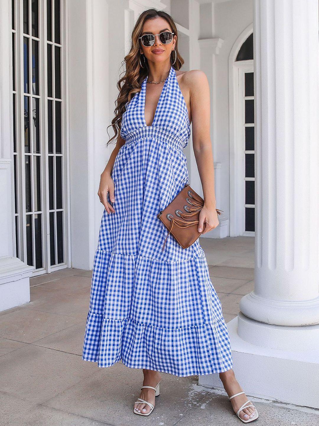 bostreet navy blue & white checked maxi dress