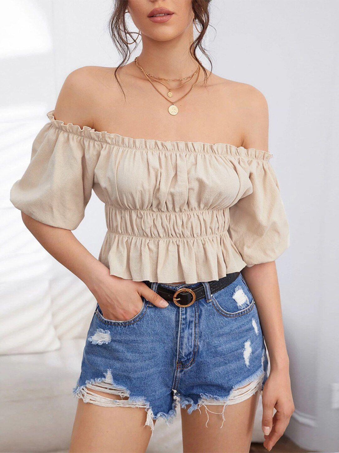 bostreet nude-coloured off-shoulder bardot top