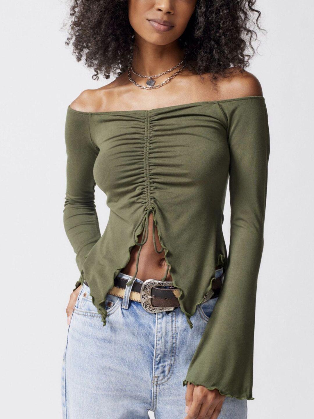 bostreet olive green off-shoulder cinched crop top