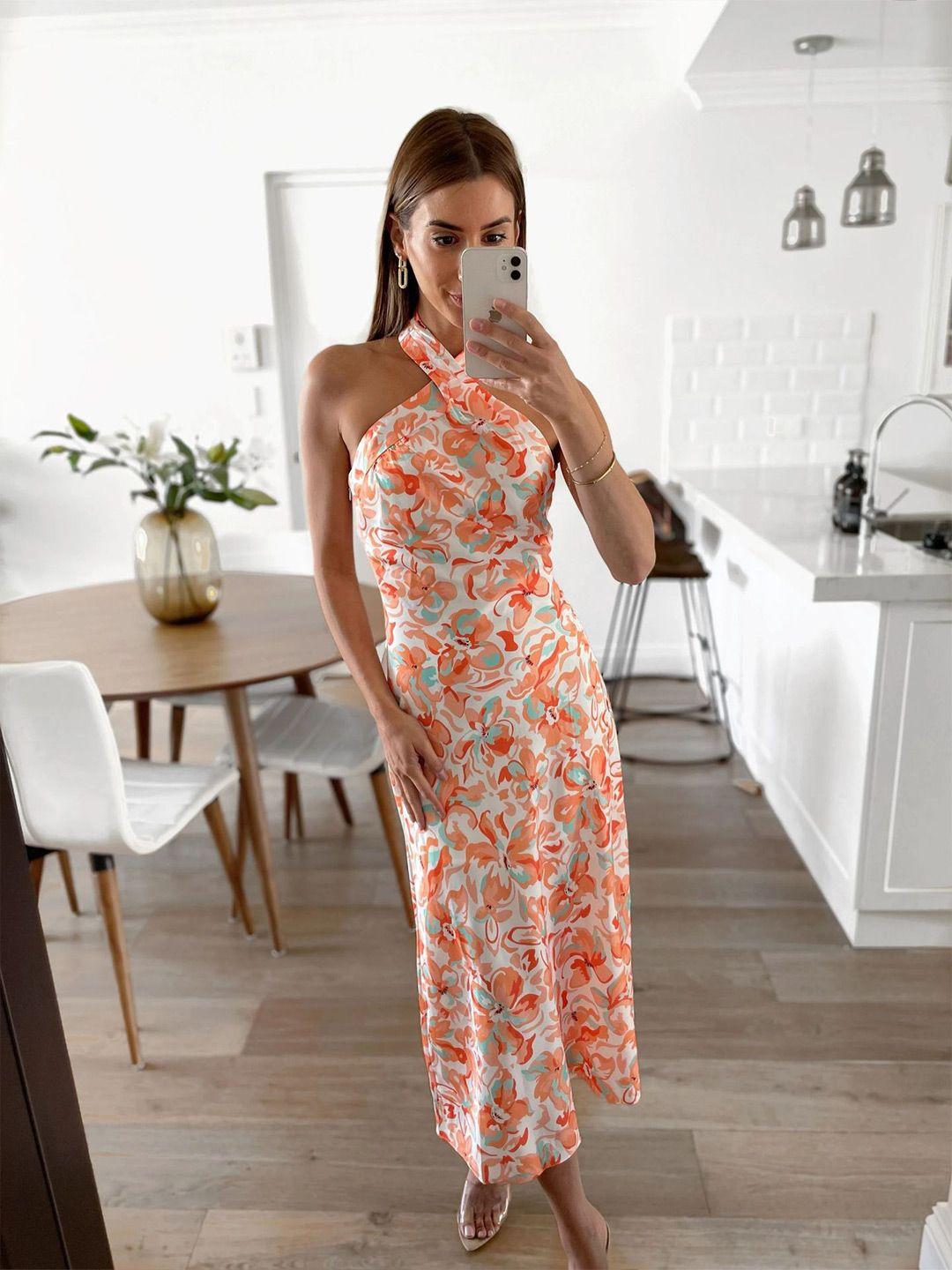 bostreet orange floral printed halter neck a-line dress