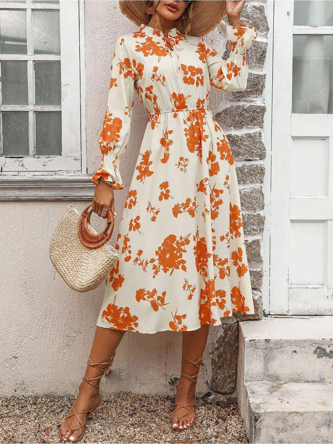 bostreet orange floral printed tie-up neck bell sleeves casual fit & flare dress