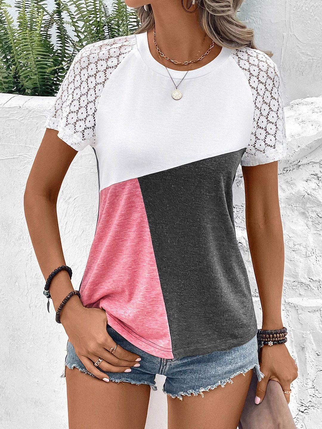 bostreet pink & white lace insert colourblocked top