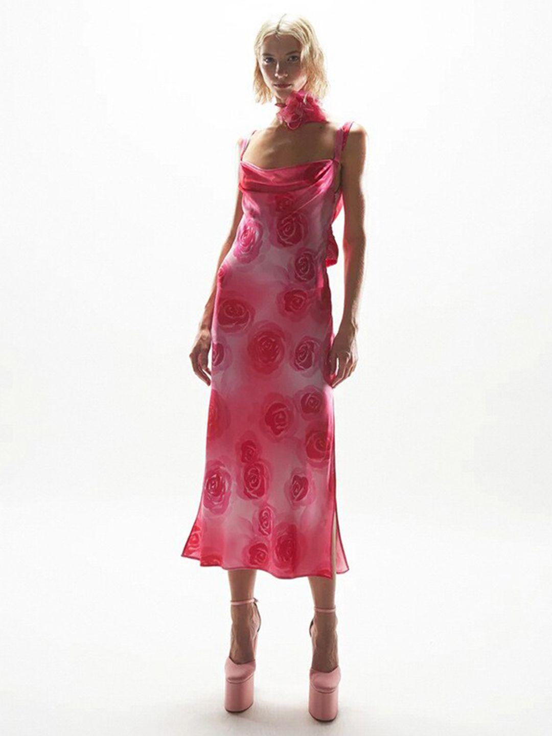 bostreet pink floral printed cowl neck sheath midi dress