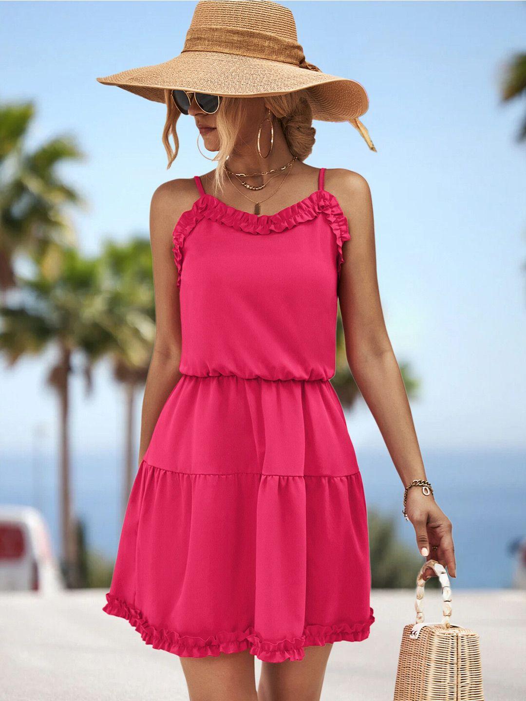 bostreet pink ruffled detailed fit & flare dress