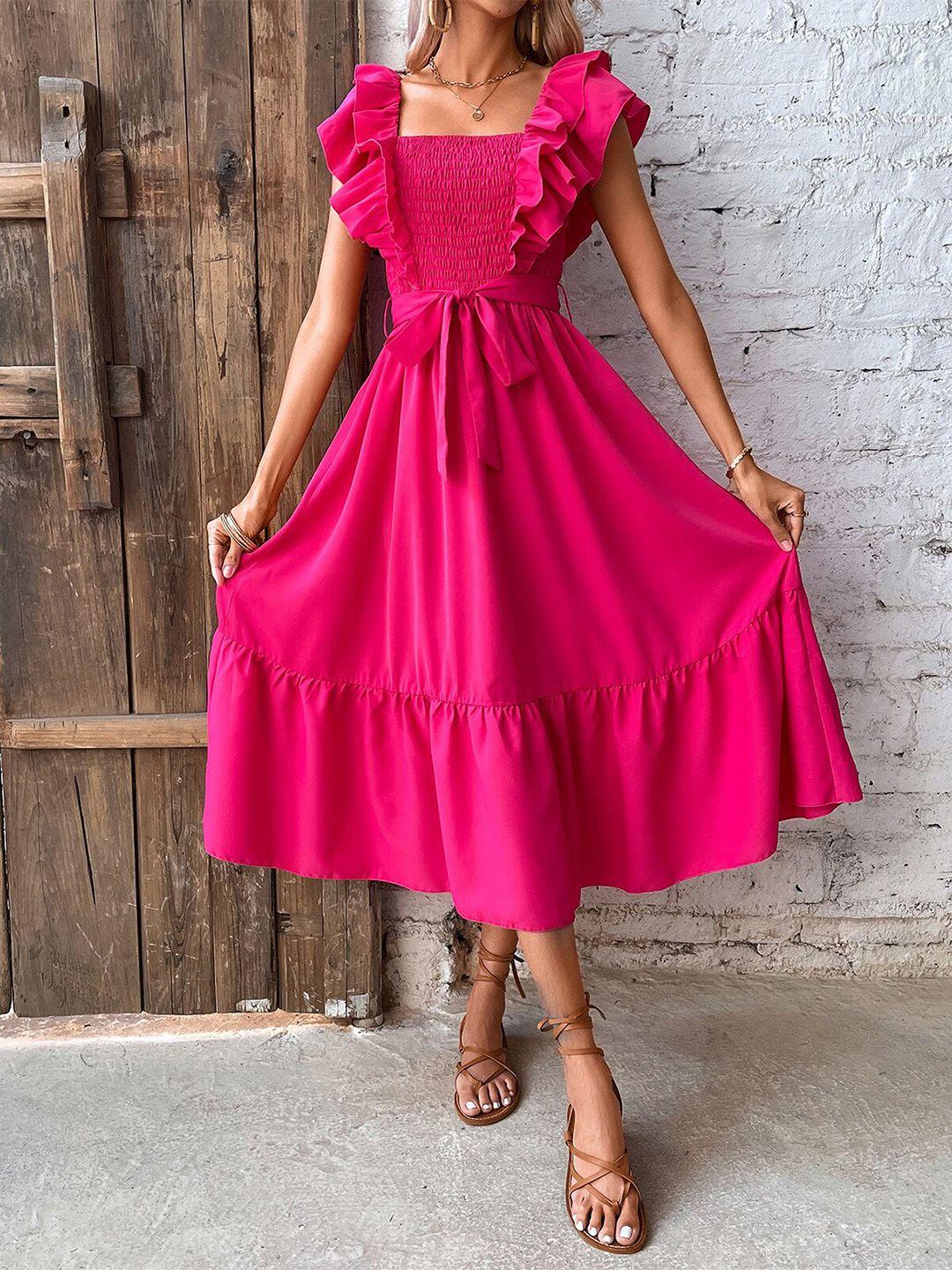 bostreet pink smocked square neck fit & flare dress