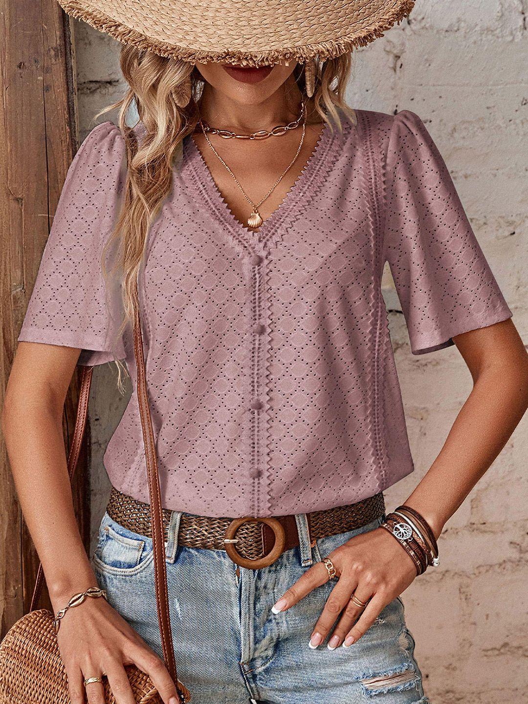 bostreet pink v-neck self design schiffli top