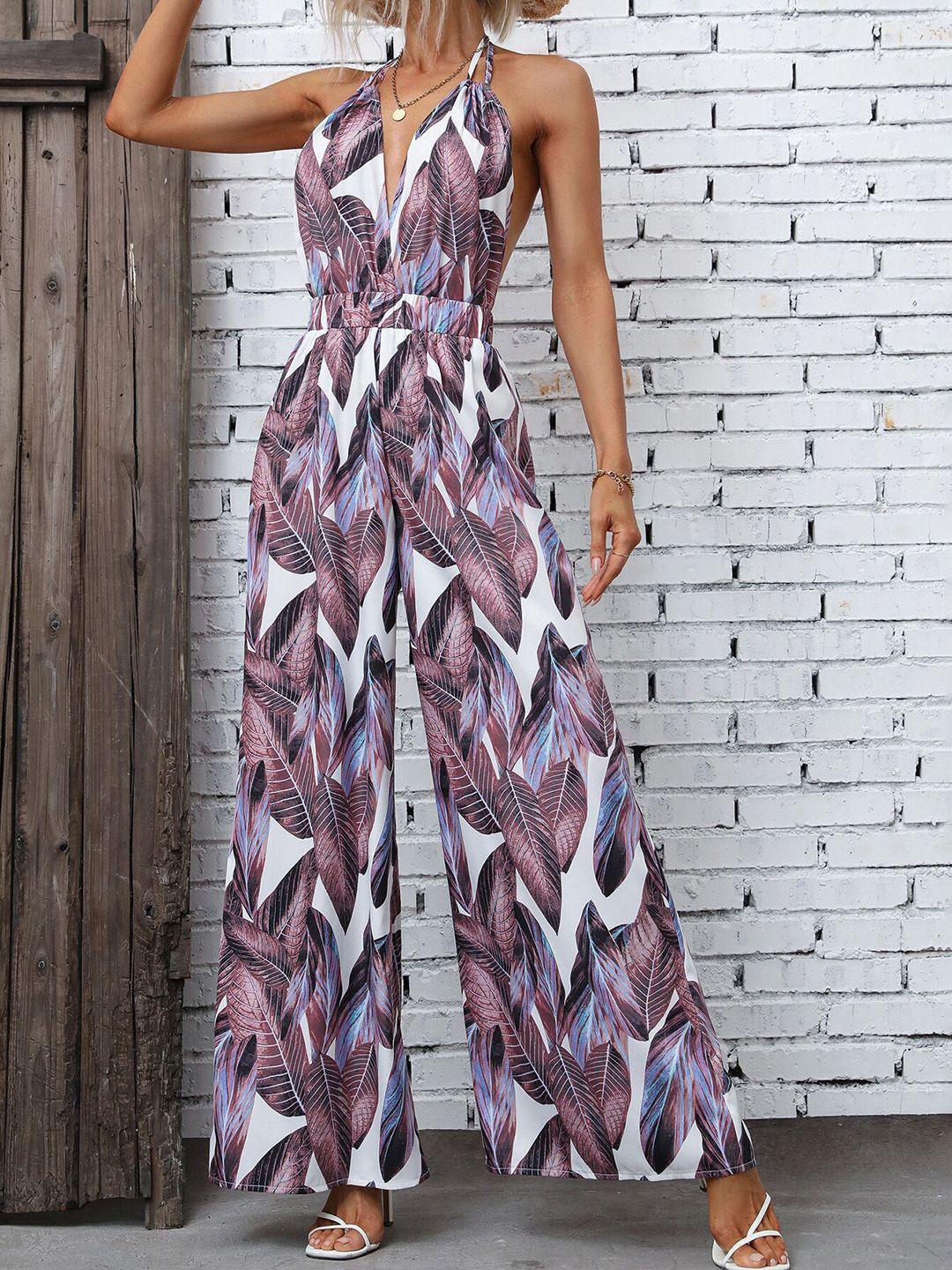 bostreet purple & white halter neck printed basic jumpsuit