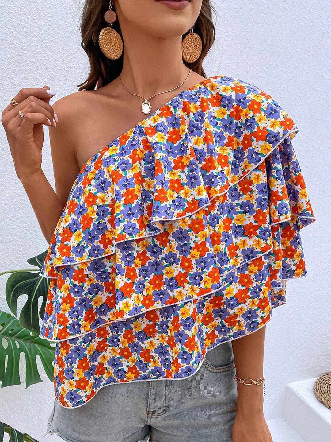 bostreet purple floral print one shoulder top