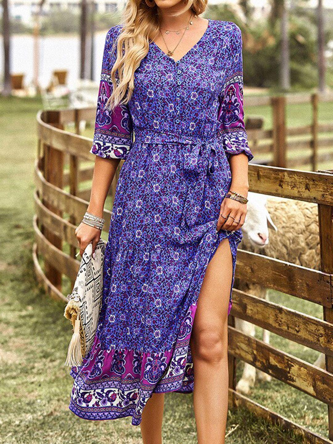 bostreet purple floral printed fit & flare midi dress