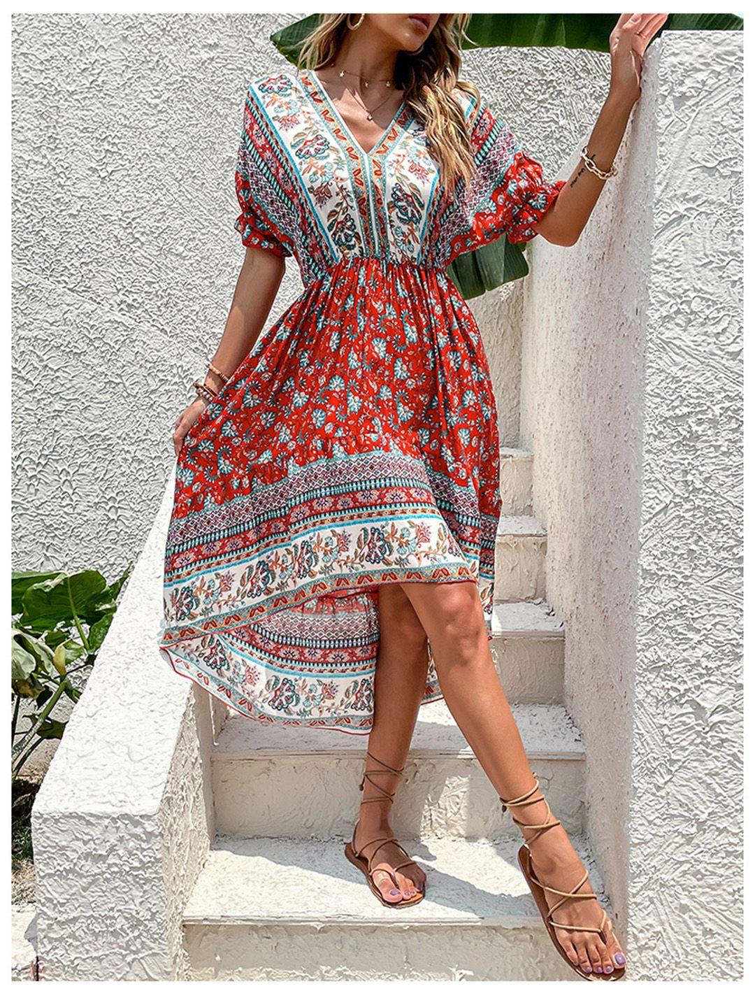 bostreet red & white ethnic motifs print puff sleeve fit & flare dress