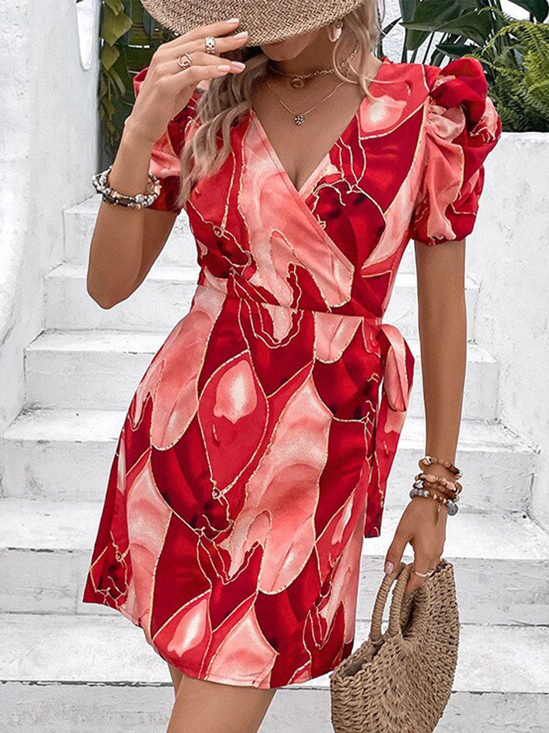 bostreet red abstract printed wrap dress