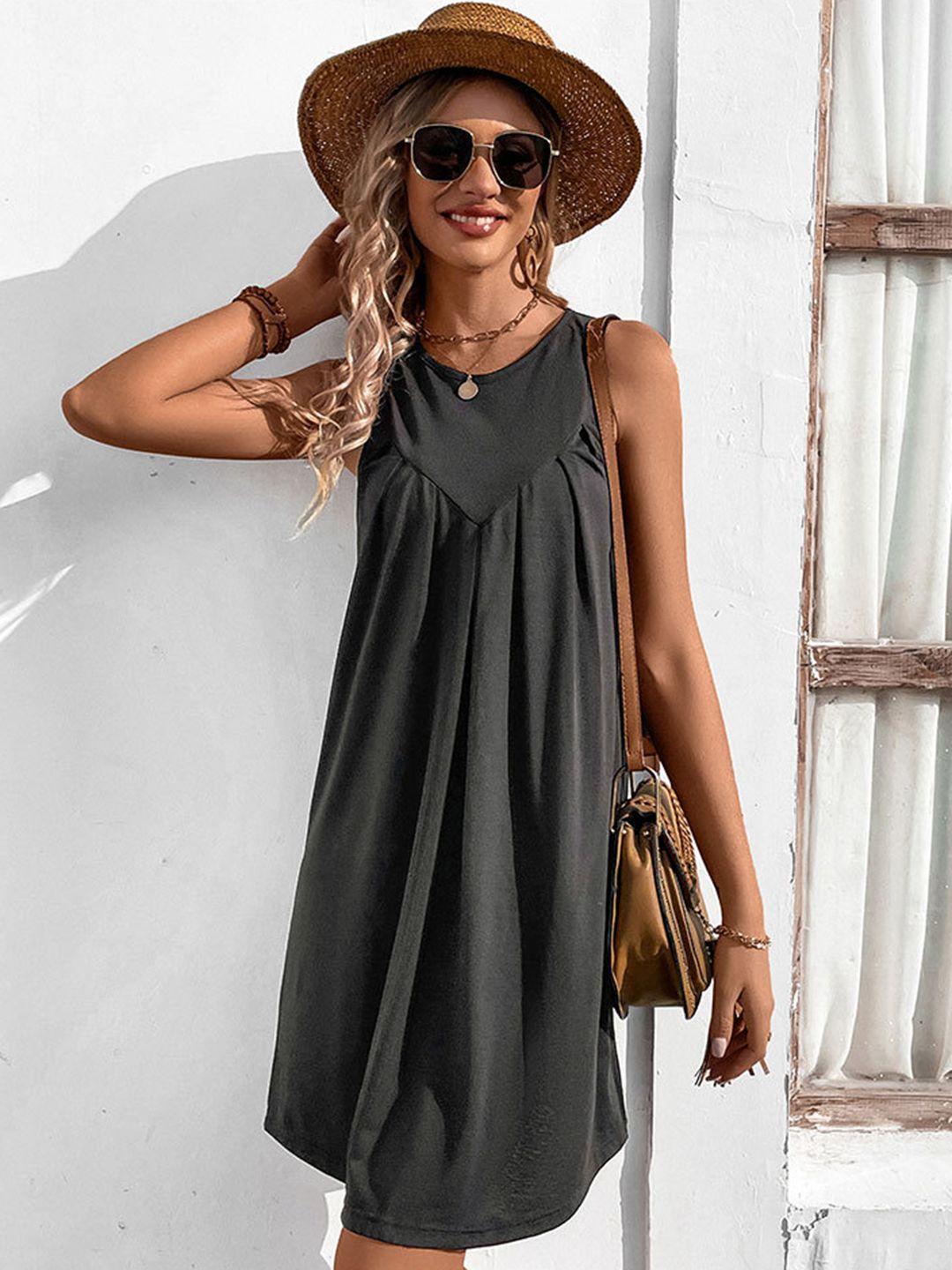 bostreet round neck sleeveless gathered styling a line dress