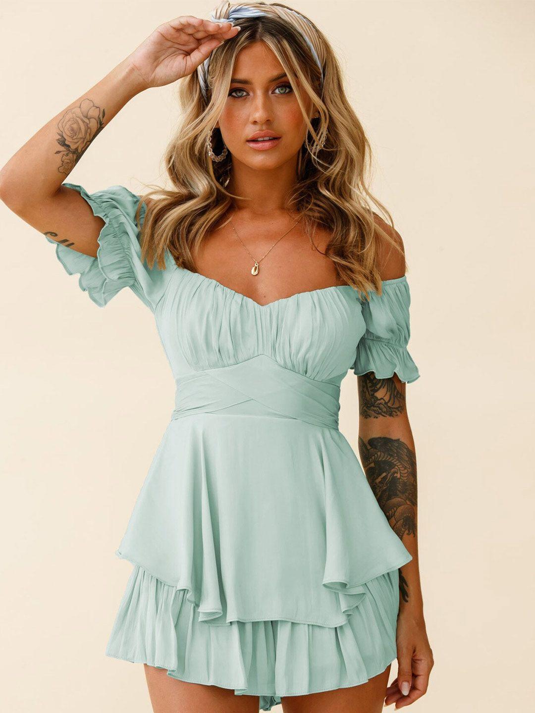 bostreet sea green off-shoulder layered playsuit