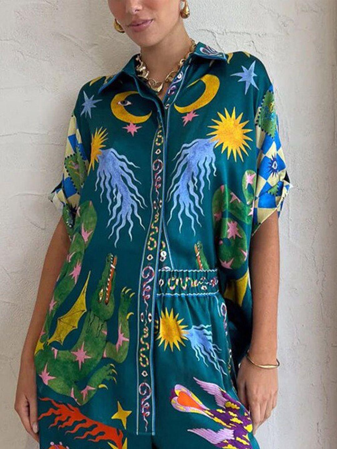 bostreet teal blue graphic printed shirt style top