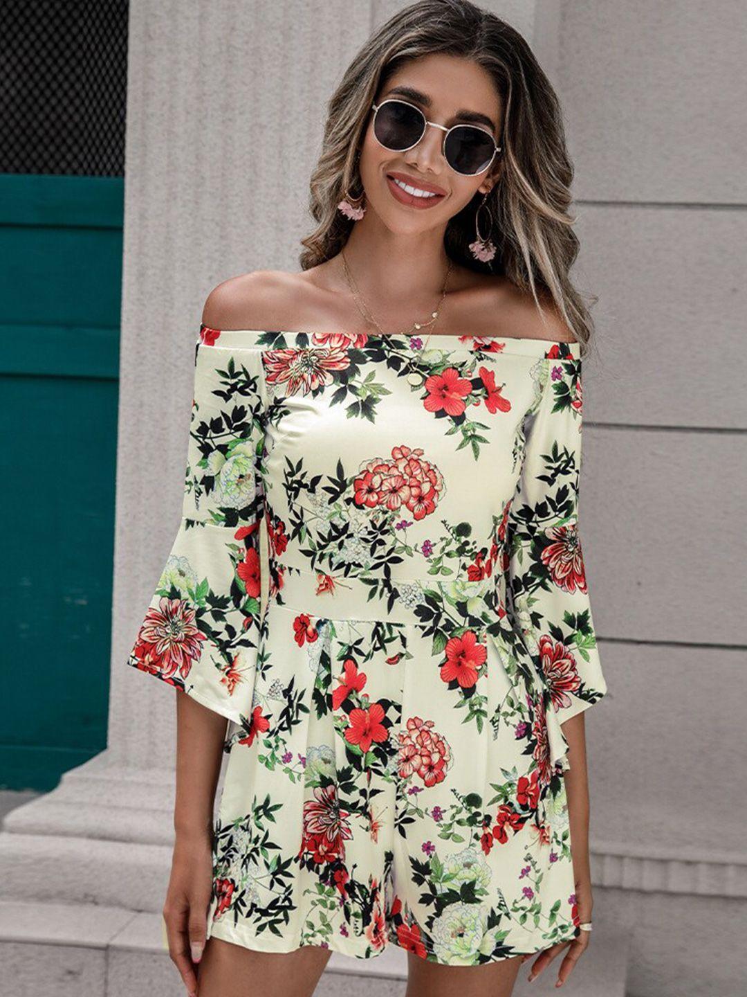 bostreet white & red off-shoulder printed with embellished jumpsuit