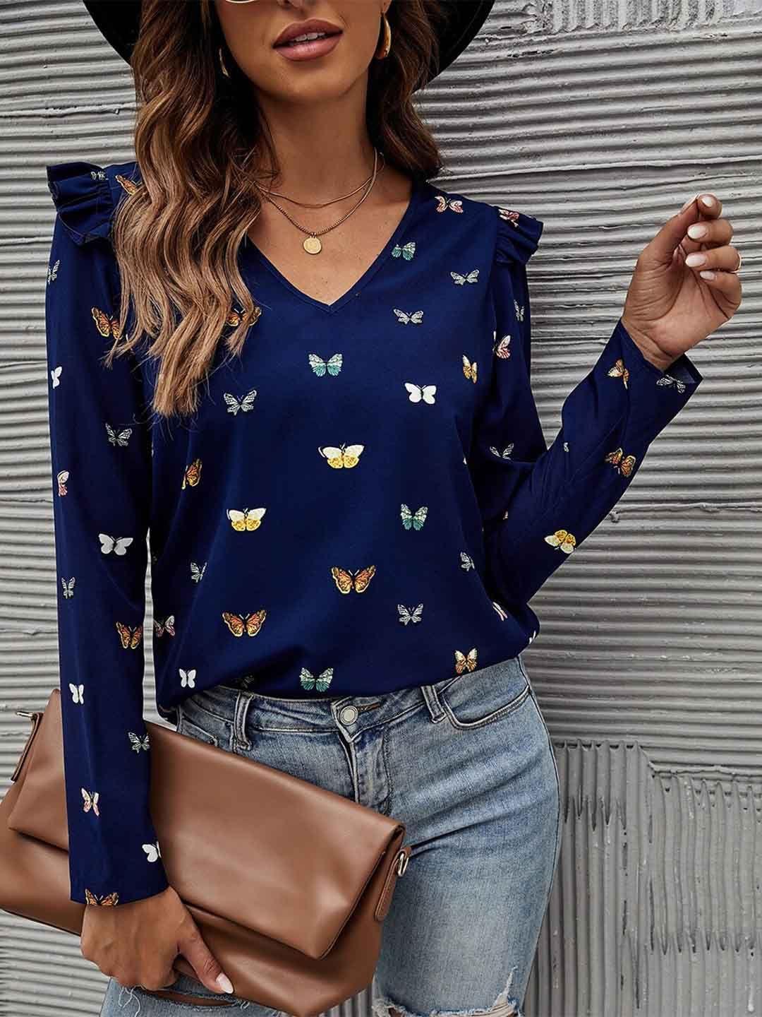 bostreet women blue printed v-neck top