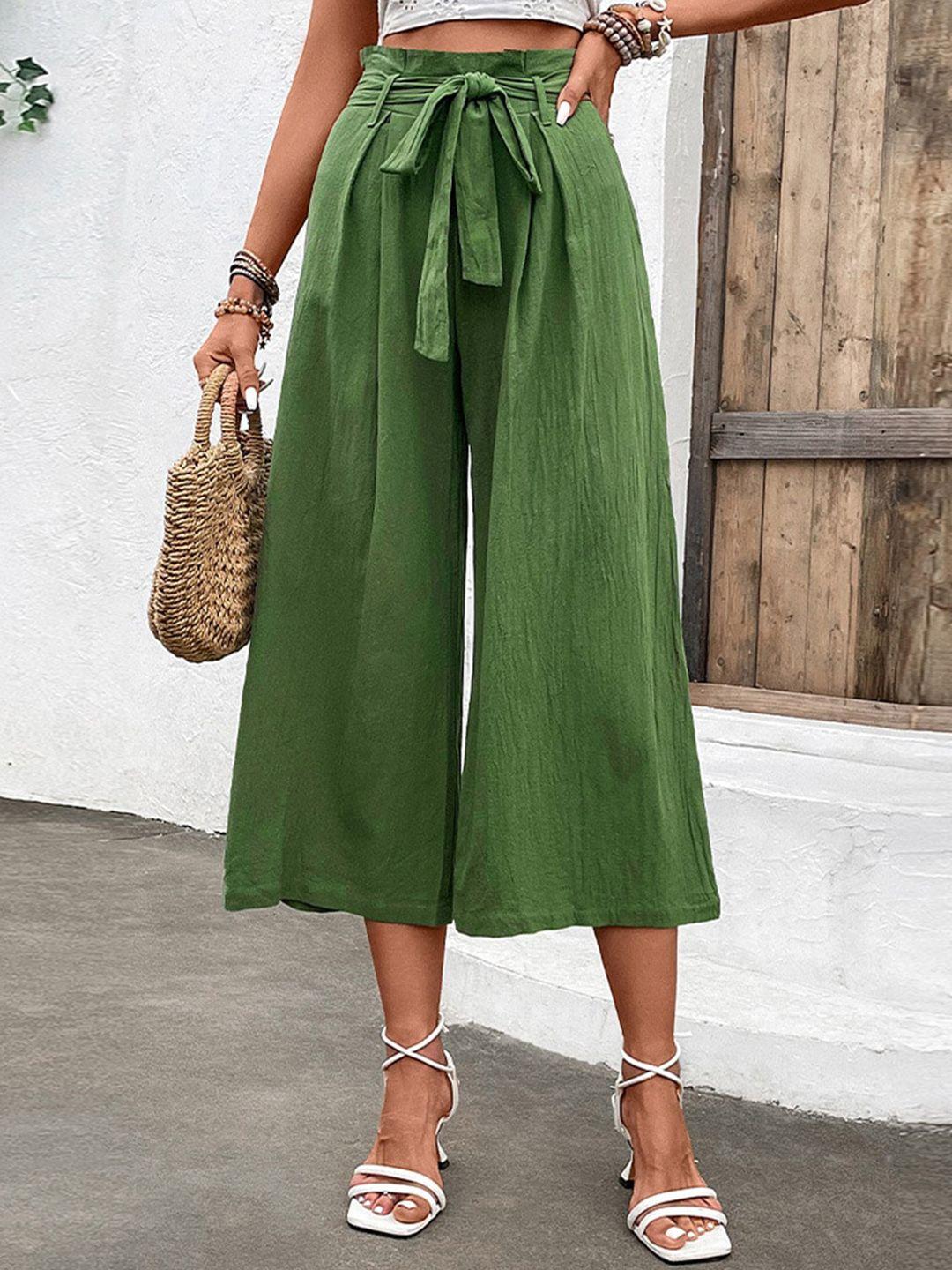 bostreet women green flared high-rise pleated culottes trousers