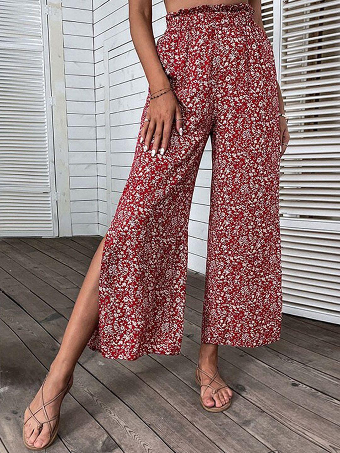 bostreet women maroon floral printed flared high-rise trousers