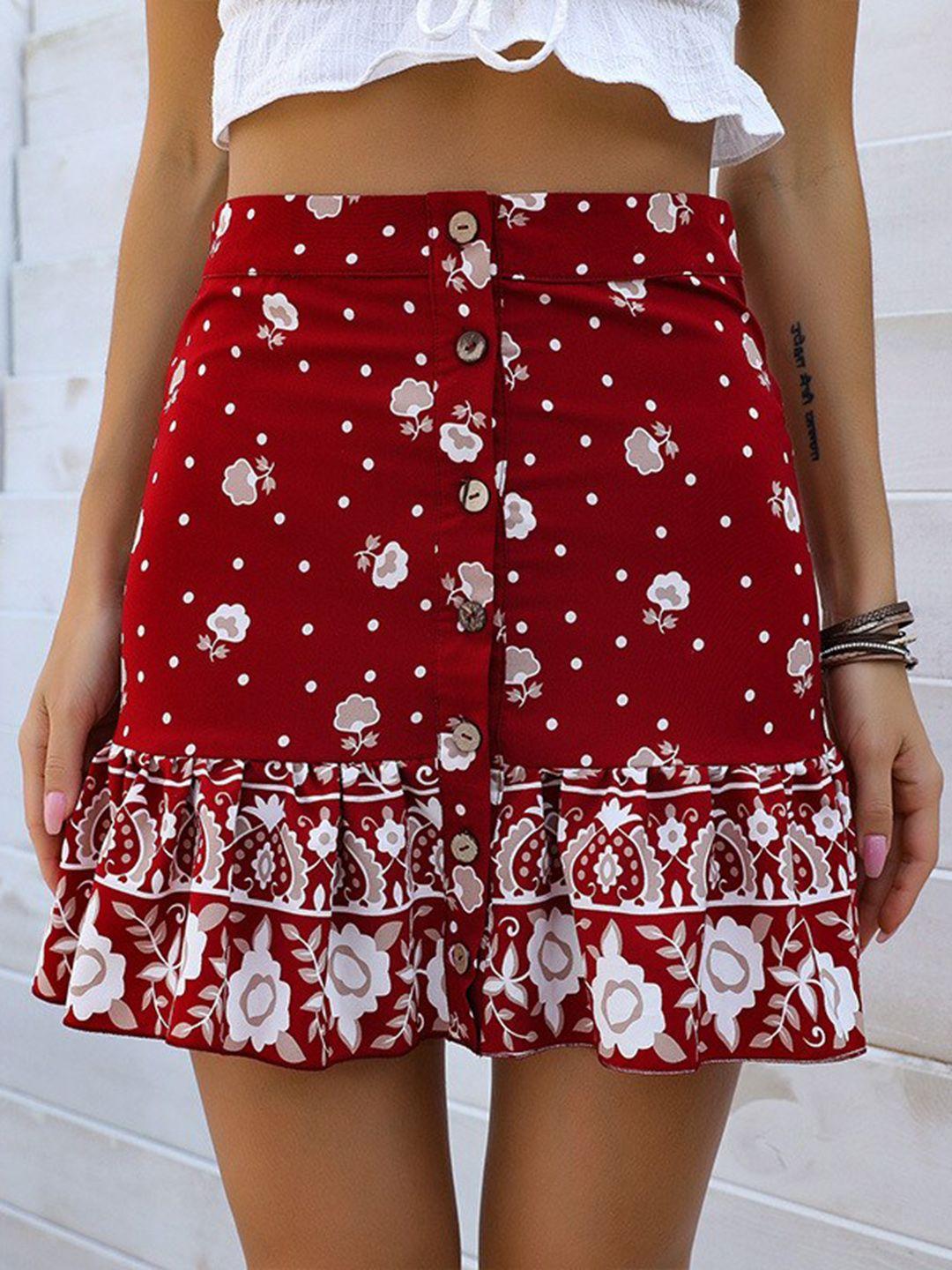 bostreet women maroon printed flared skirts