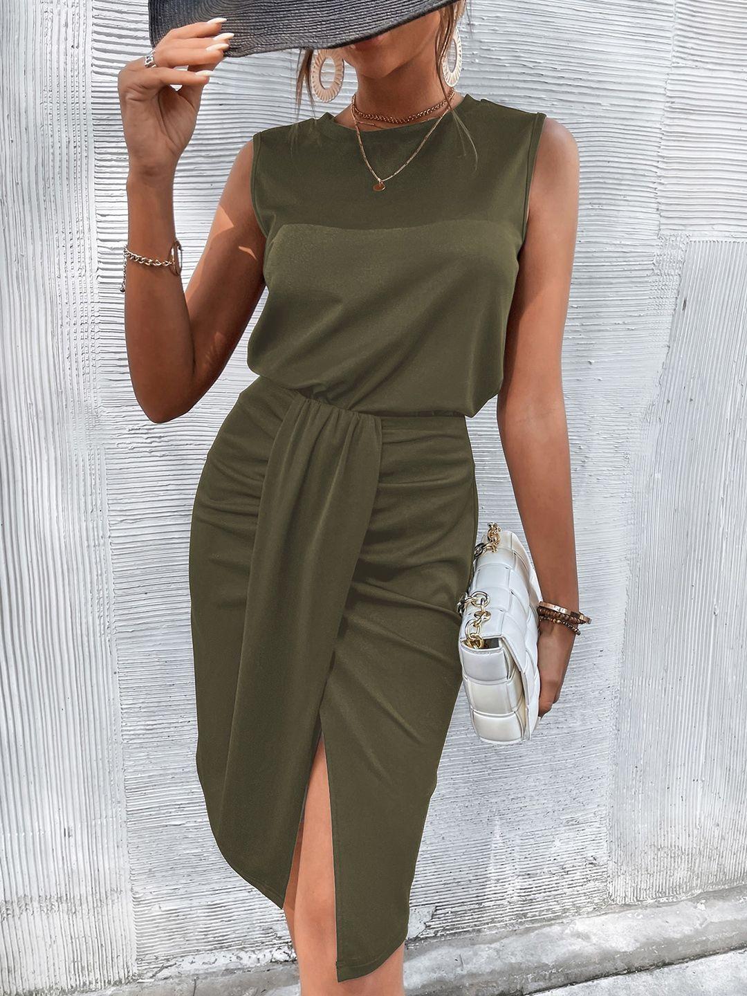 bostreet women olive green solid top & skirt