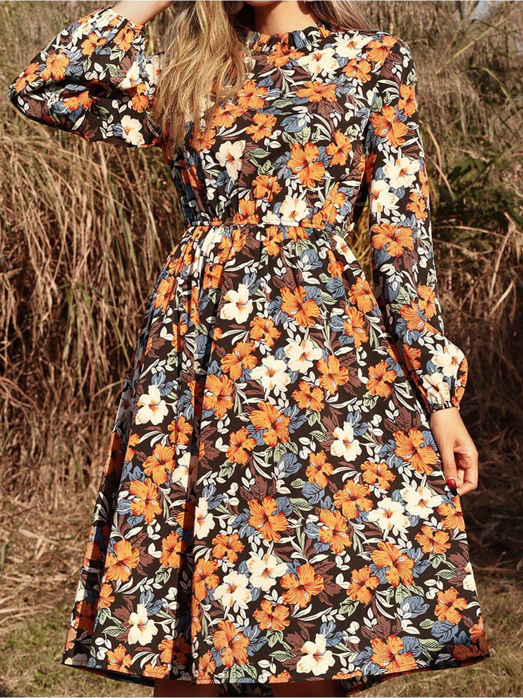 bostreet women orange & grey floral  fit and flare dress