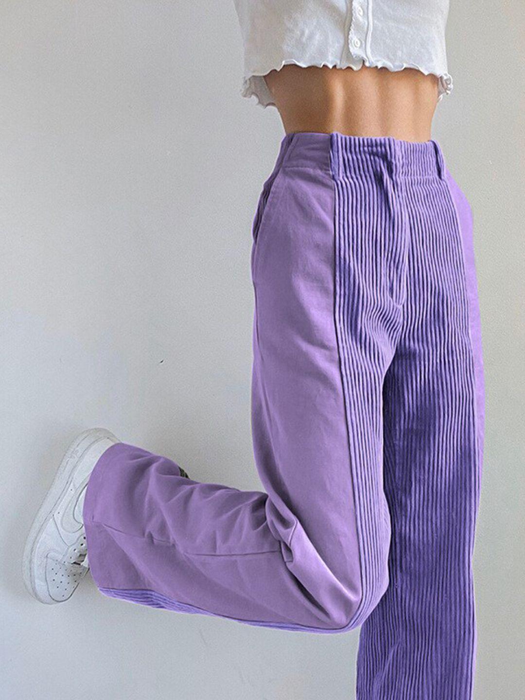 bostreet women purple regular fit striped peg trouser