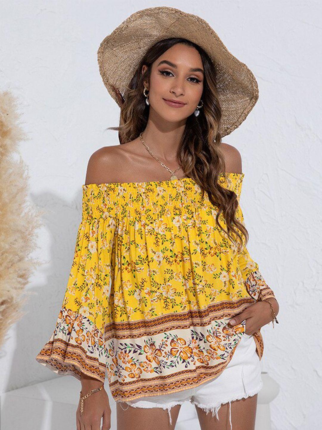 bostreet yellow floral print off-shoulder bardot crop top