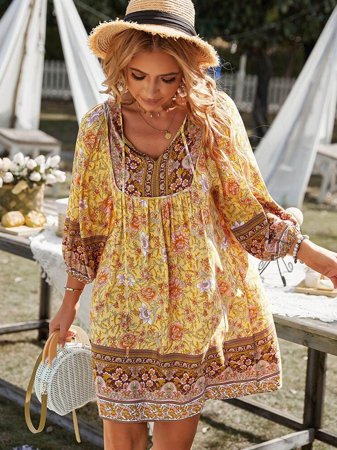 bostreet yellow floral print tie-up neck puff sleeve a-line dress