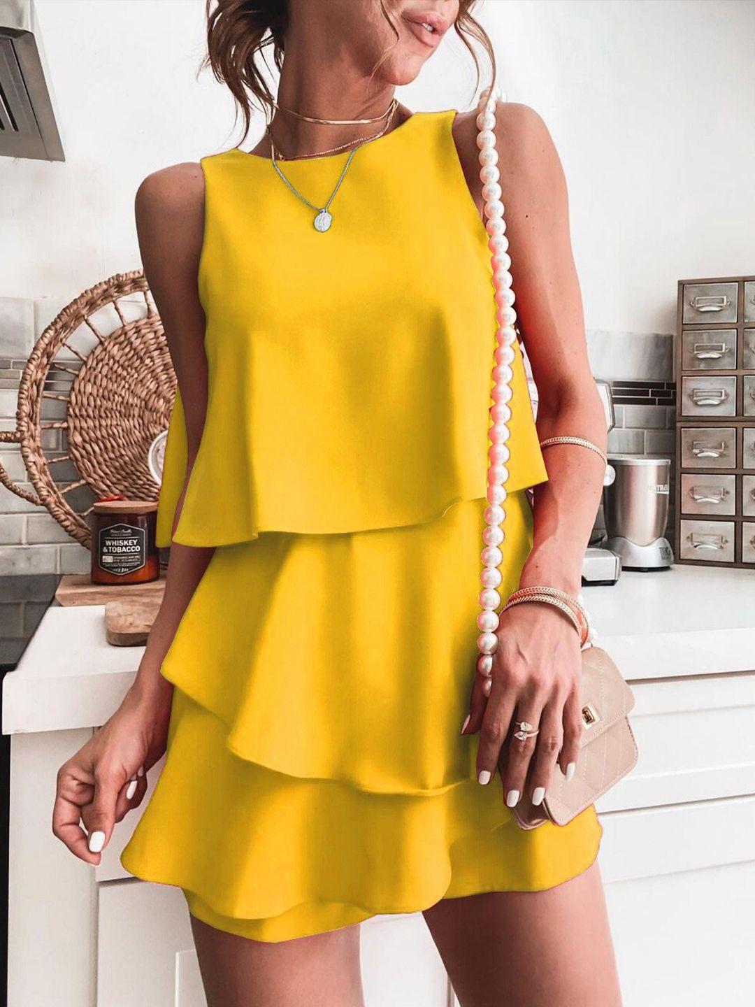 bostreet yellow round neck sleeveless layered playsuit