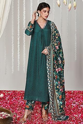 botanical green cotton silk polka printed a-line kurta set