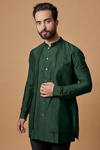 bottle green cotton silk layered shirt kurta