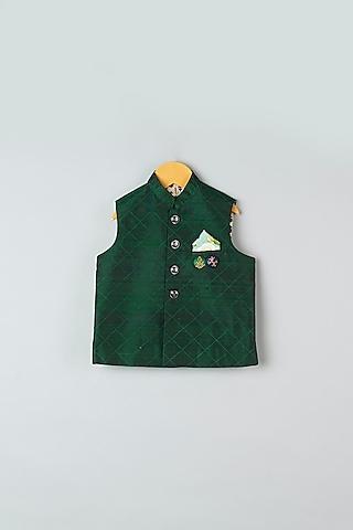 bottle green hand embroidered bundi jacket for boys