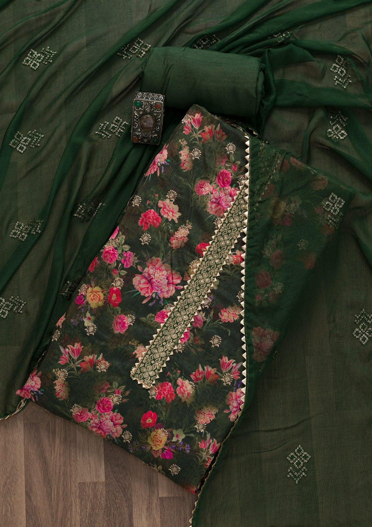 bottle green printed soft silk unstitched salwar suit