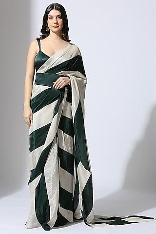 bottle green & beige natural crepe color blocked striped saree set