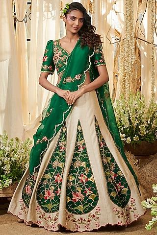 bottle green & ivory embroidered lehenga set