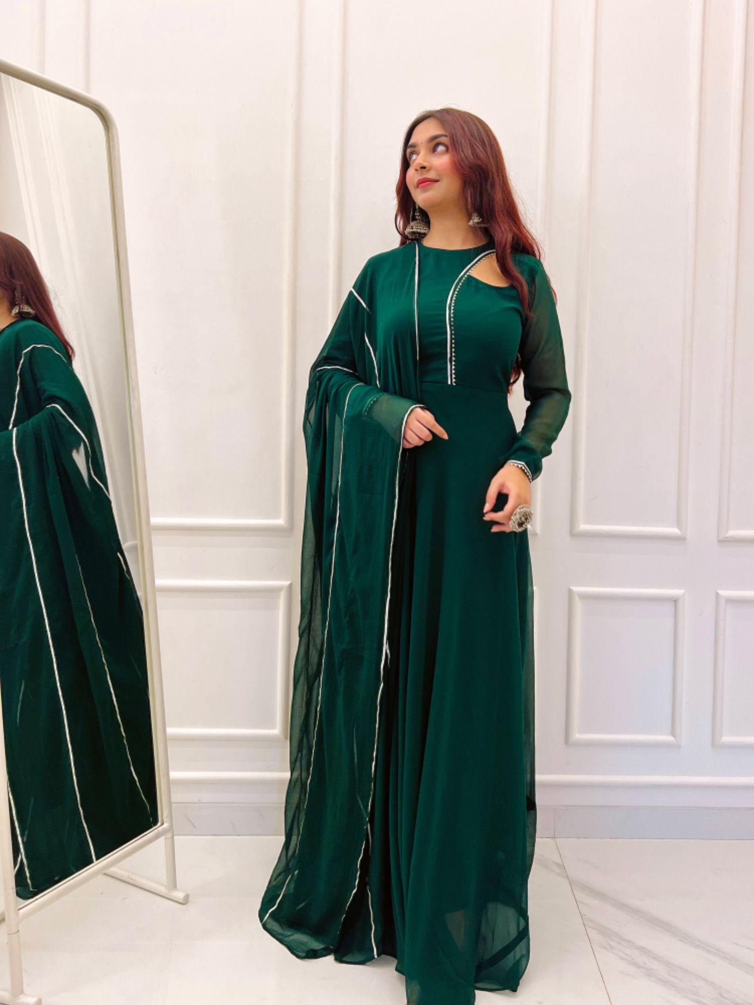 bottle green anarkali with dupatta (set of 2)