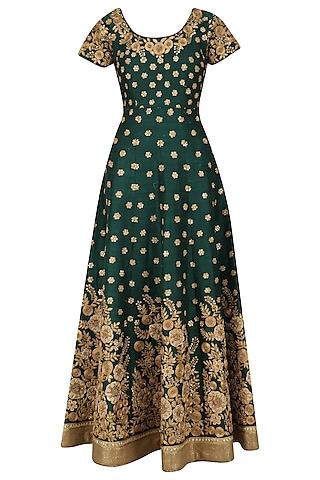 bottle green and gold floral work anarkali set