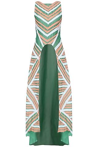 bottle green and peach striped high low a-line tunic