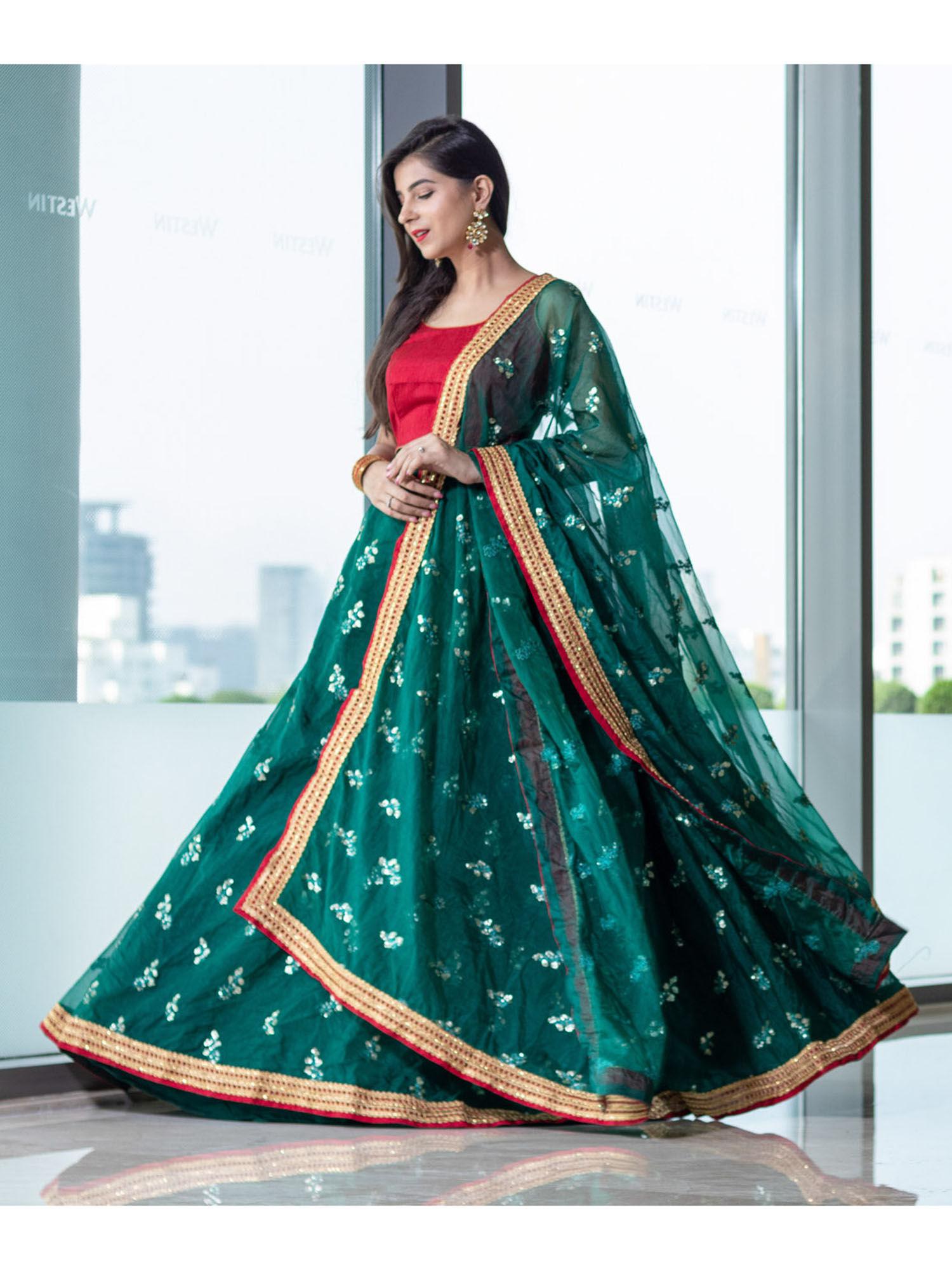 bottle green and red lehenga (set of 3)