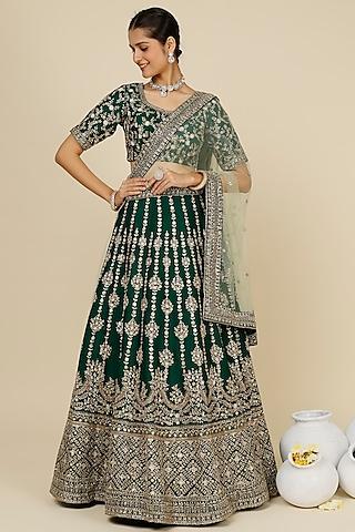 bottle green art raw silk meenakari lehenga set